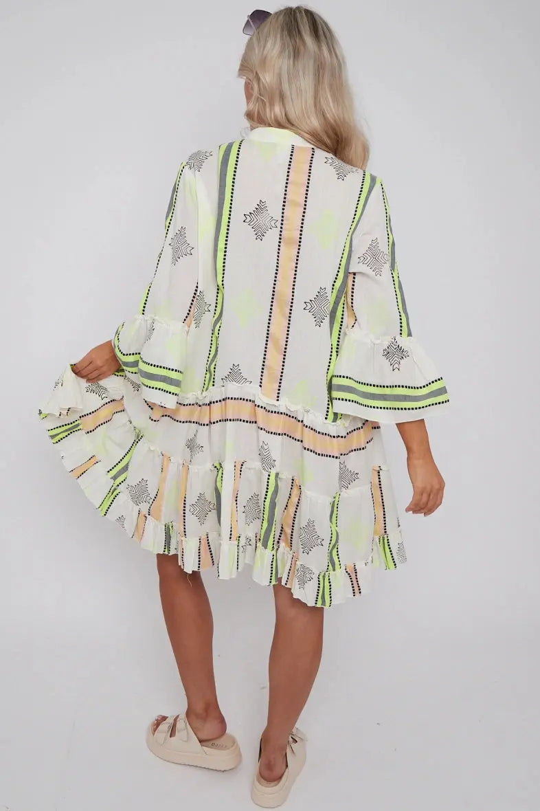 Robe mi longue effet lin bande pointillé fluo jaune ART&MISS