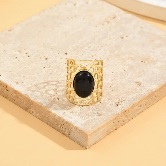Bague Dorée Large Motif Floral Creuse Avec Pierre  Ajustable Eclat Paris