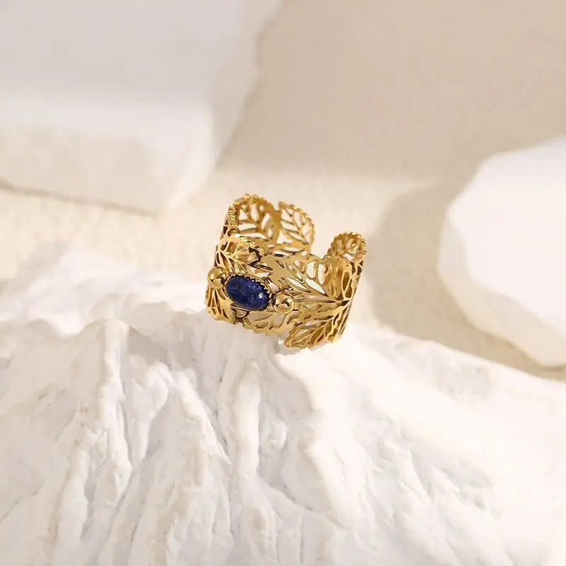 Bague Dorée Motif Feuilles Avec Pierre Ovale Eclat Paris