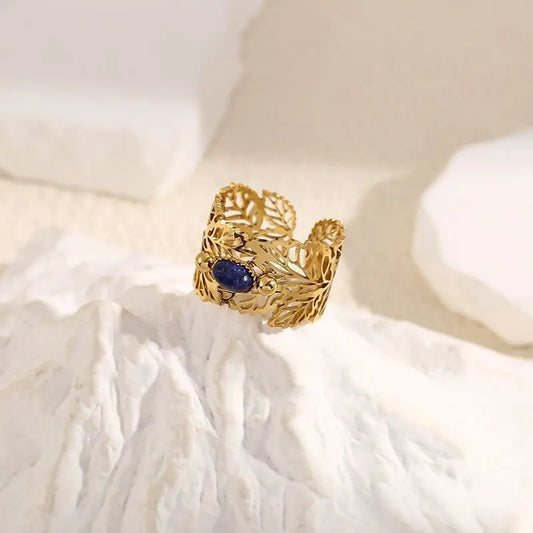 Bague Dorée Motif Feuilles Avec Pierre Ovale Eclat Paris