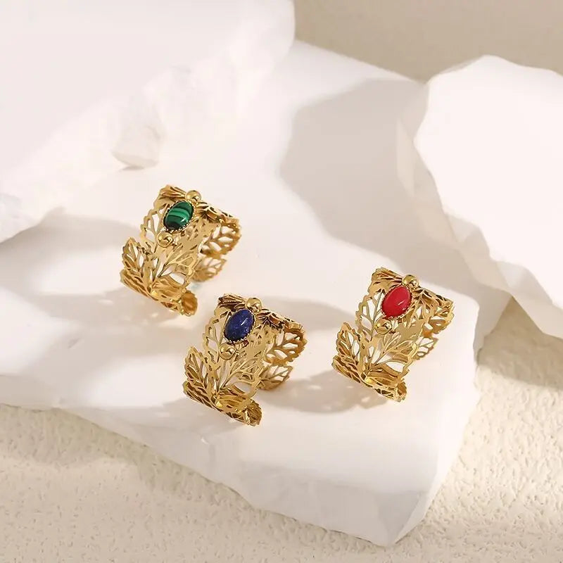 Bague Dorée Motif Feuilles Avec Pierre Ovale Eclat Paris