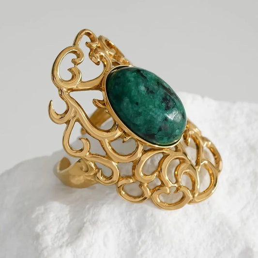 Bague Dorée Ouverte Large Motif Nuages Avec Pierre Malachite Eclat Paris