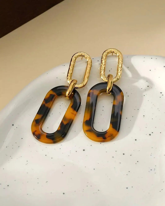 Boucles D'oreilles Maillons Dorées Acrylique Motif Animalier Léopard Eclat Paris