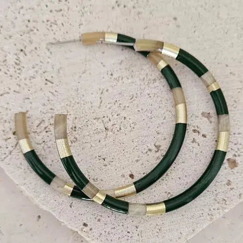 Boucles d'Oreilles Créoles en Corne - 6 cm - Kaki & Gold ART&MISS