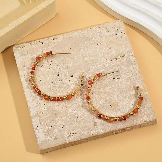 Boucles d'Oreilles Dorées Créoles Ouvertes Pierres Cornaline Eclat Paris