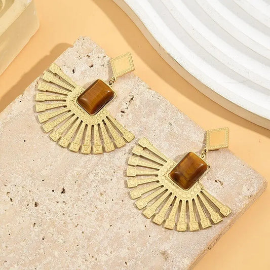 Boucles d'Oreilles Dorées Eventails Large Avec Pierre Eclat Paris