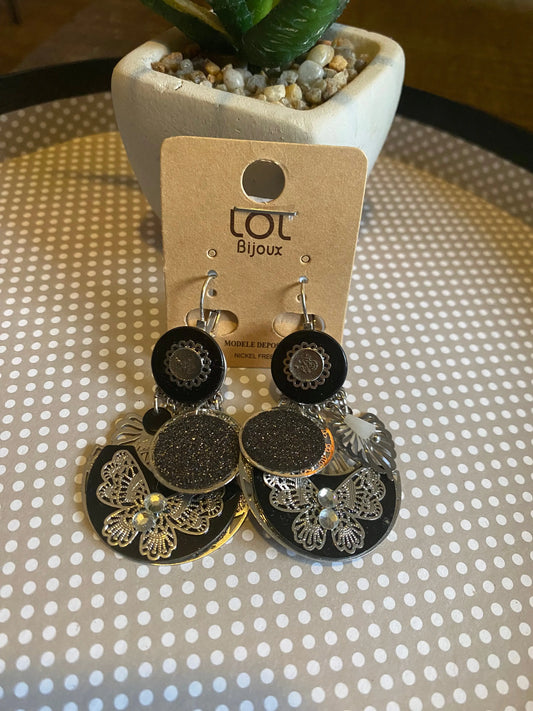 Boucles d'oreilles noires à strass et fleurs Lolilota