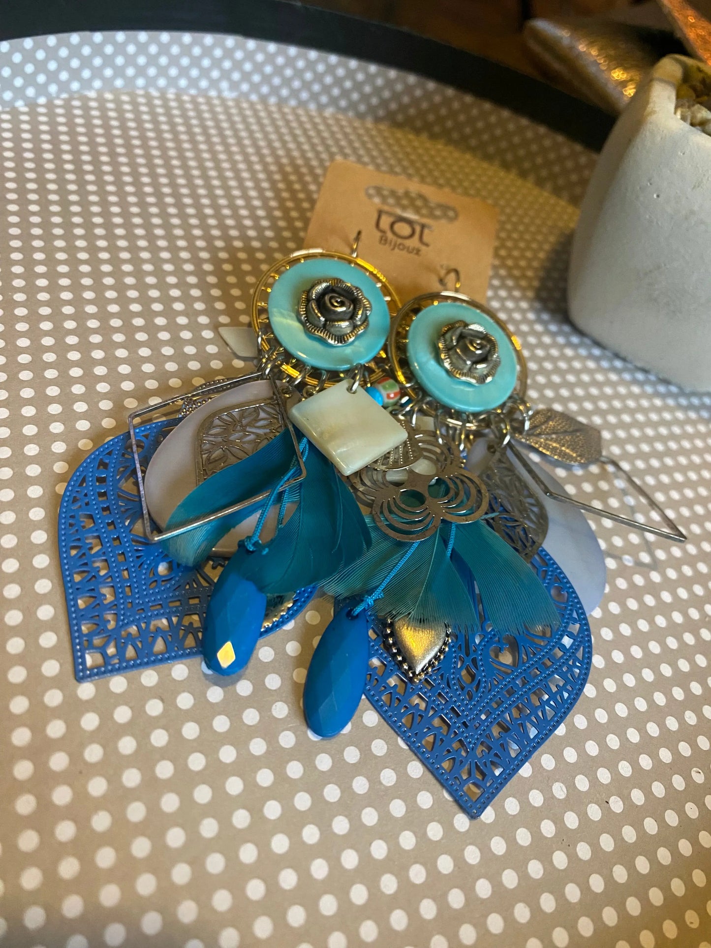 Boucles d'oreilles pendantes à clips bleu et blanc Lolilota