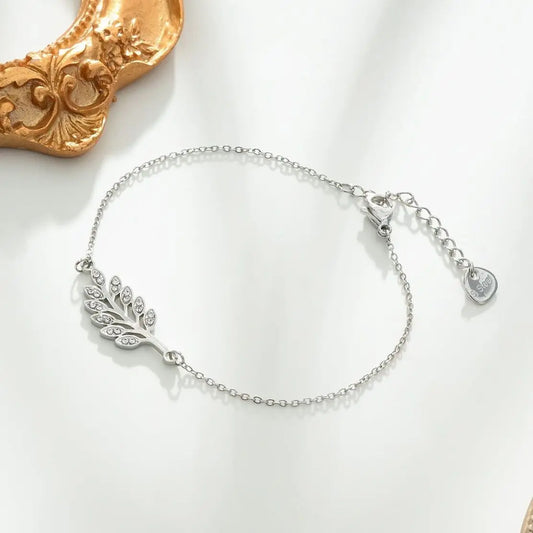 Bracelet Argenté Ajustable Avec Feuille Incrustée de Strass Eclat Paris
