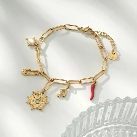 Bracelet Doré Ajustable Chaîne En Maillons Avec Multi Breloques Artistiques Eclat Paris