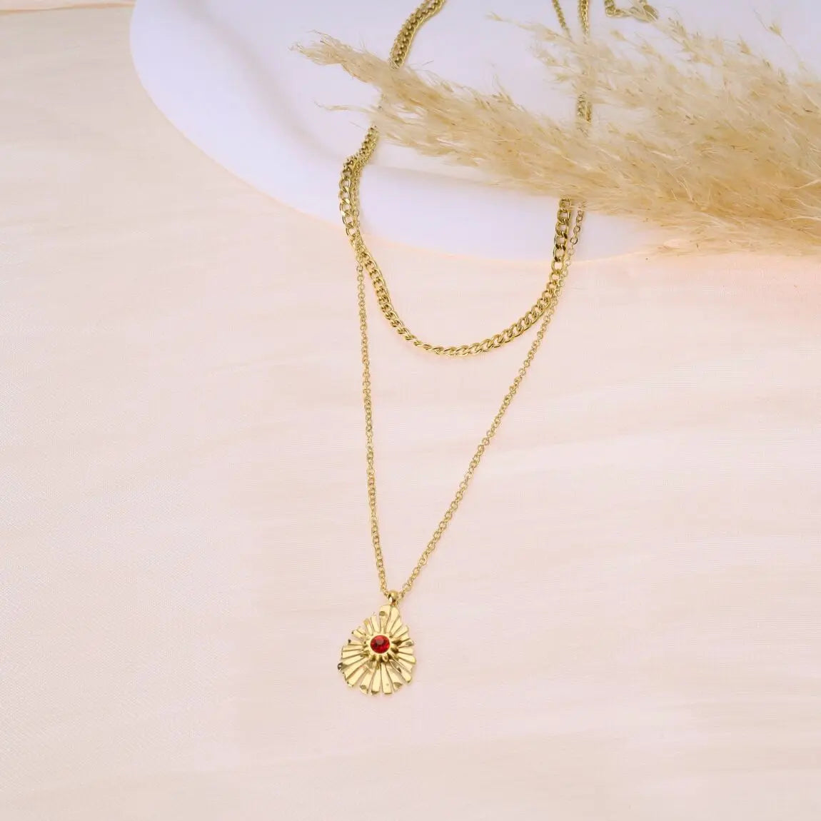 Collier double chaîne avec pendentif et pierre colorée Eclat Paris
