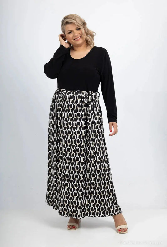 Robe bicolore en col ronde à ceinturée et evasée à manches long 2W Paris